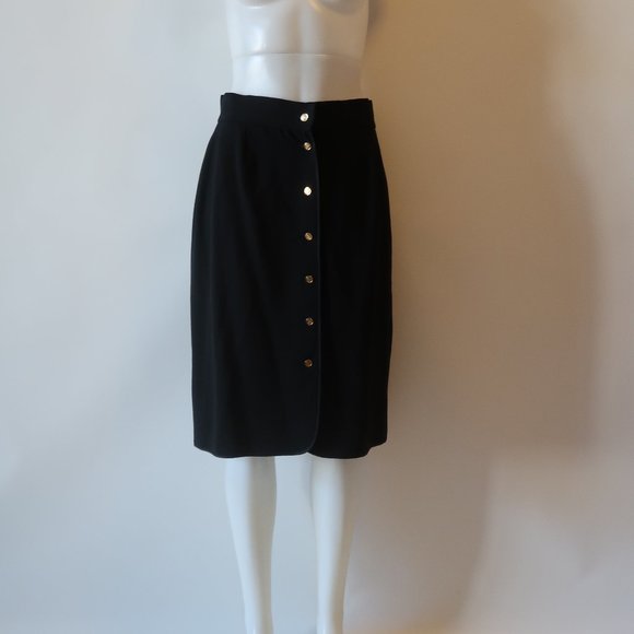 Auth CHANEL Black wool Pencil Skirt with Gold purse Buttons - Picture 1 of 11